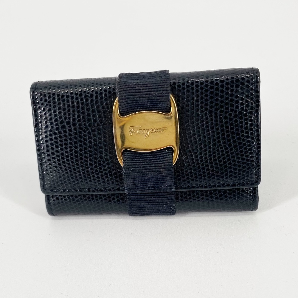 Salvatore Ferragamo Black Bow Ribbon Leather Key Case Holder